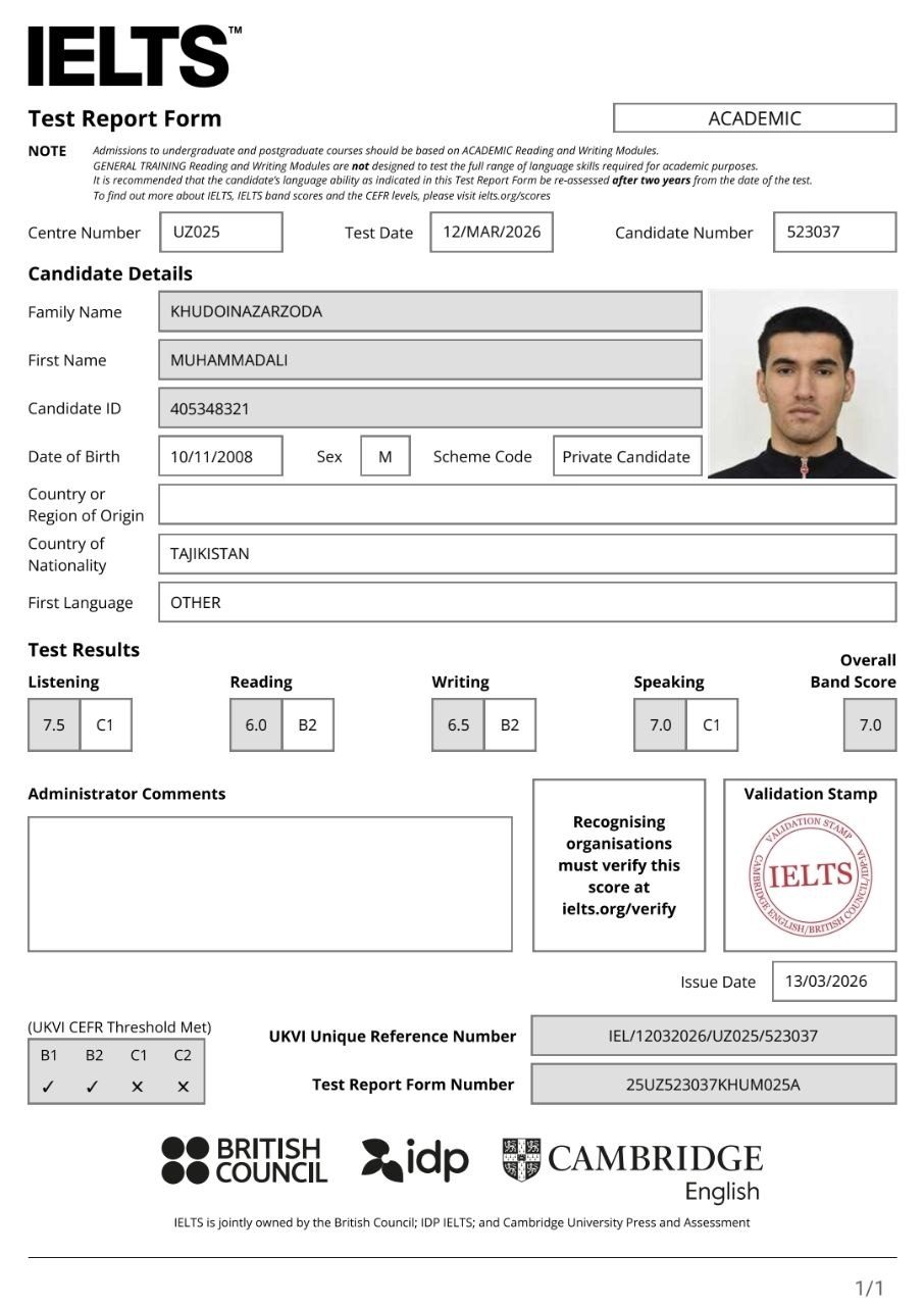 IELTS — MUHAMMADALI KHUDOINAZARZODA