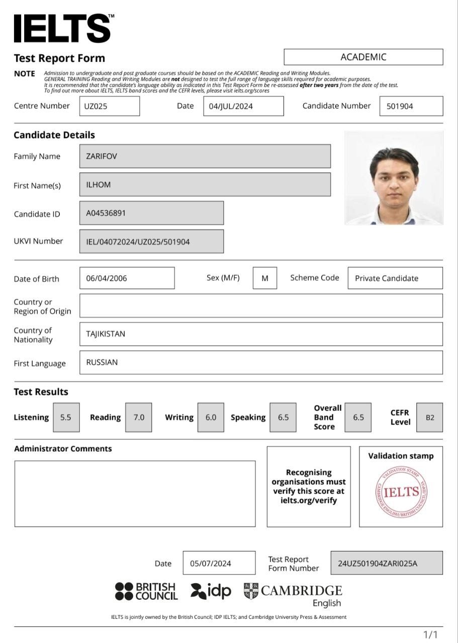 IELTS — ILHOM ZARIFOV