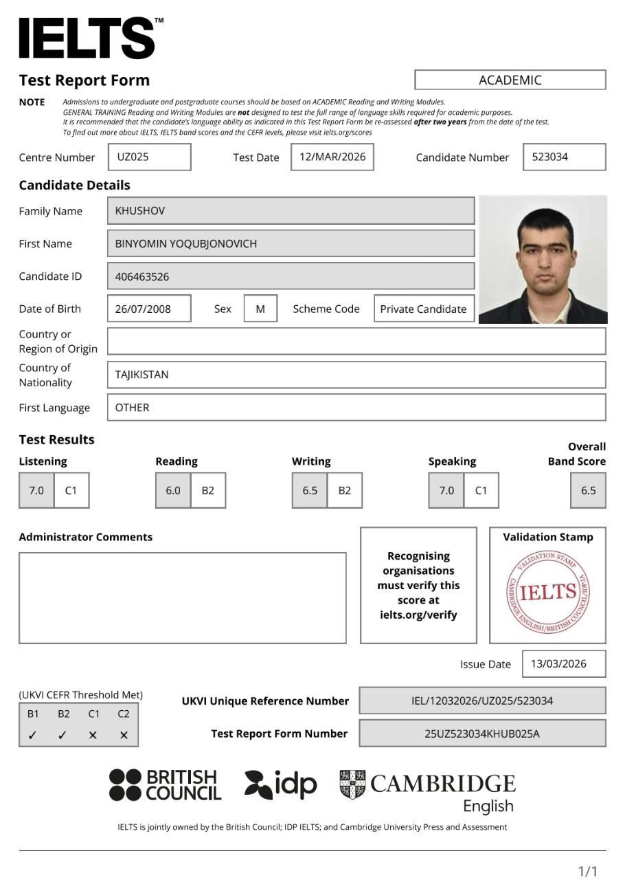 IELTS — BINYOMIN YOQUBJONOVICH